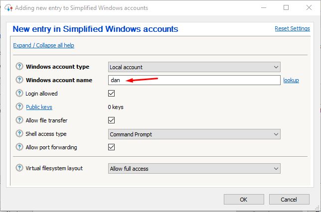 a picture of the bitvise easy settings windows accounts tab open